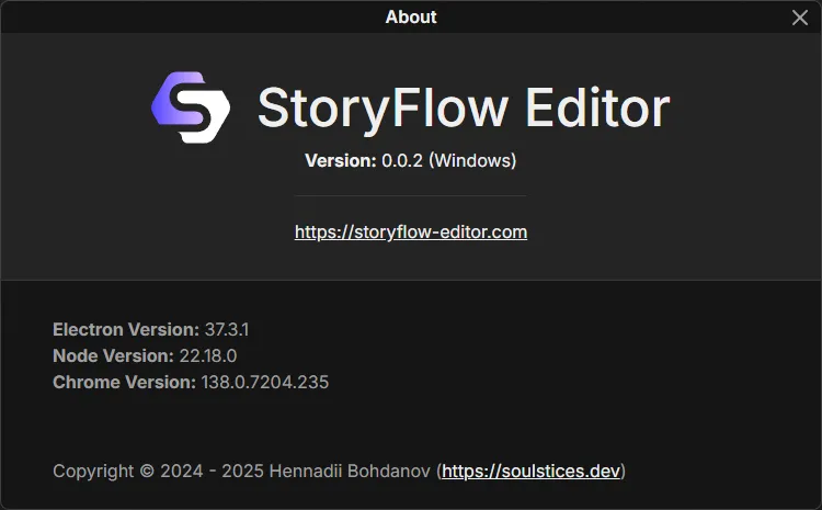 StoryFlow Editor About Window showing version 0.0.2 and application information