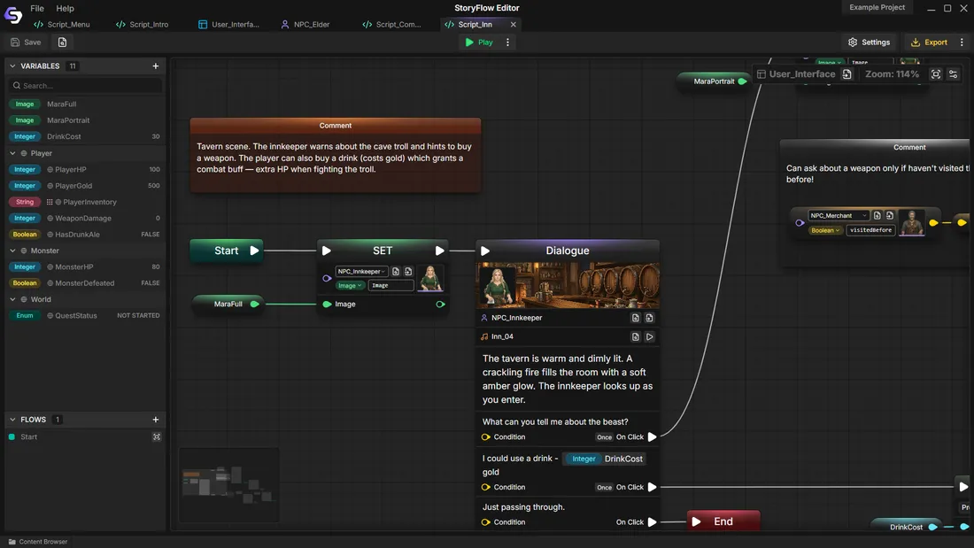 A real node graph. Variables on the left, flow on the canvas, dialogue content baked into each node.