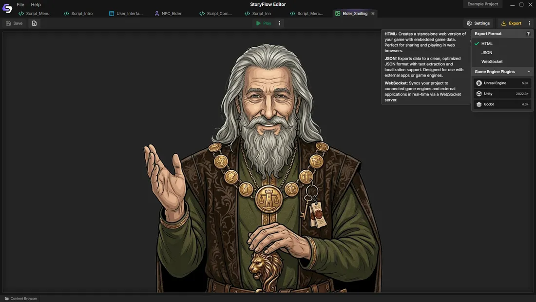 Export options. HTML and JSON for web, the plugins for game engines.