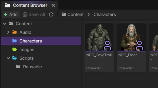 Content browser showing organized assets