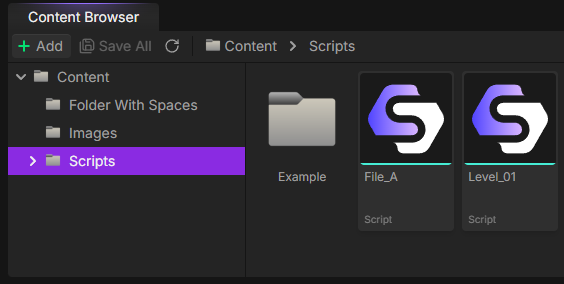 Content Browser interface showing dual-pane layout with tree view on left and folder view on right, displaying scripts and folders