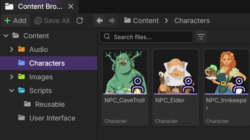 Content browser showing organized assets