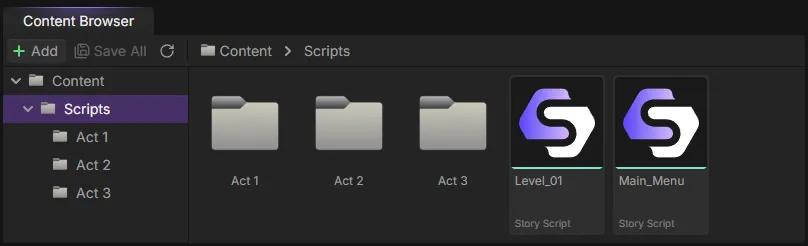 StoryFlow Editor Content Browser showing folder structure and file management interface