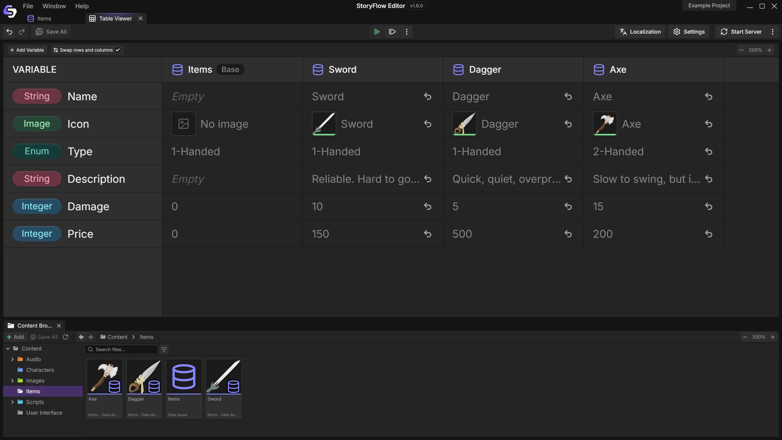 A base Item table beside the weapons that inherit from it, each overriding only what differs