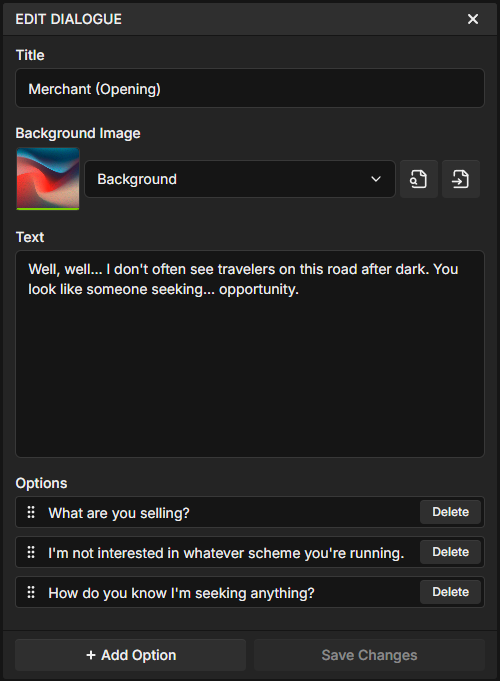 Dialogue Editor interface showing the side panel with title field, text area, background image selector, and options management