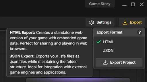 Export options showing multiple game engines