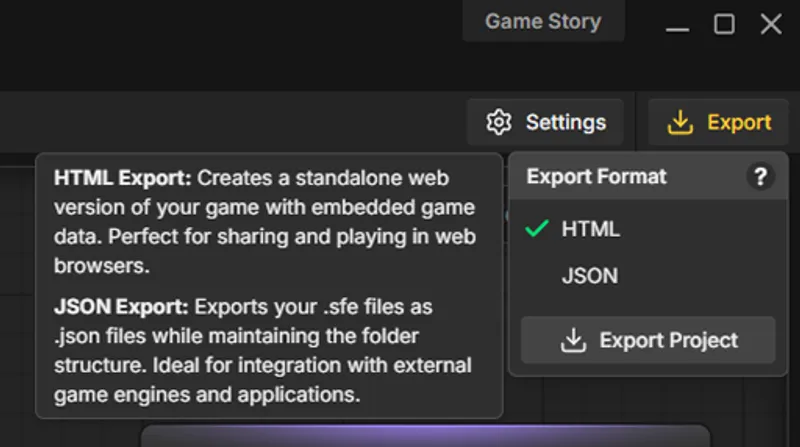 Export options showing multiple game engines