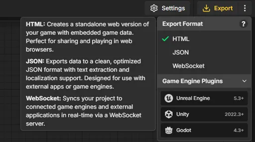 Export options showing multiple game engines