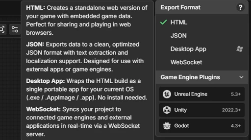 Export options showing multiple game engines