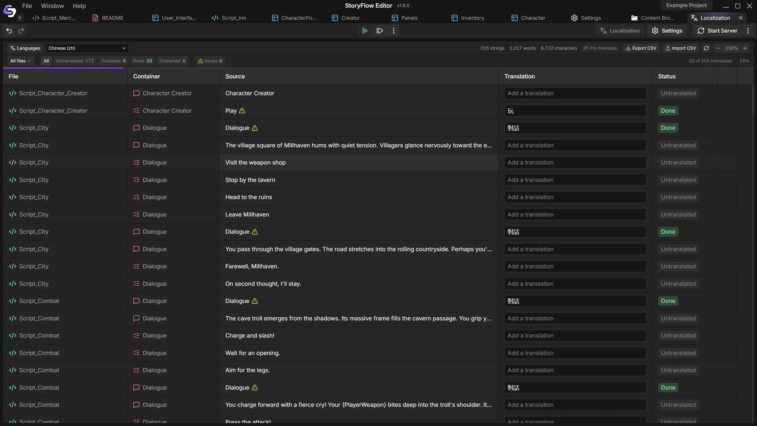 The localization dashboard, with every string in the project and a column for the language being translated