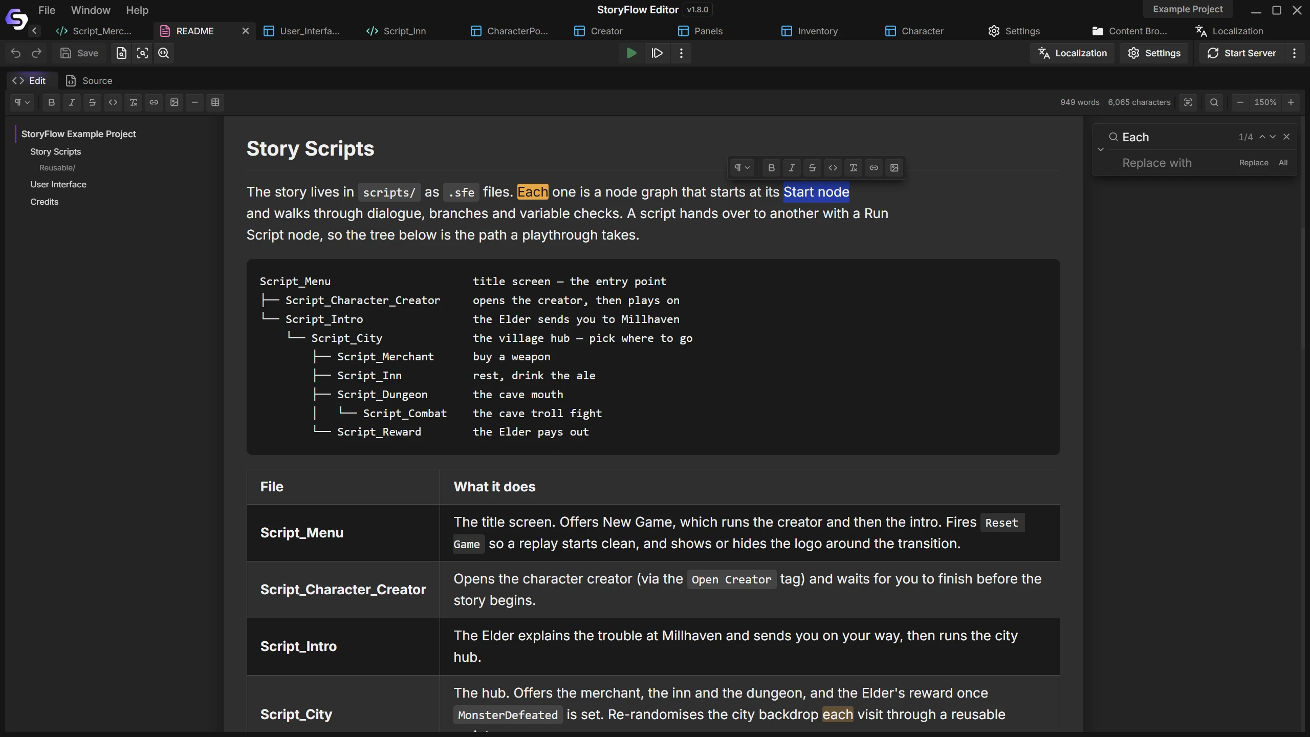 A project note in the markdown editor, with the outline on the left and find and replace open