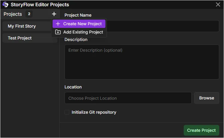 StoryFlow Editor Projects Window showing project list and Create New Project button