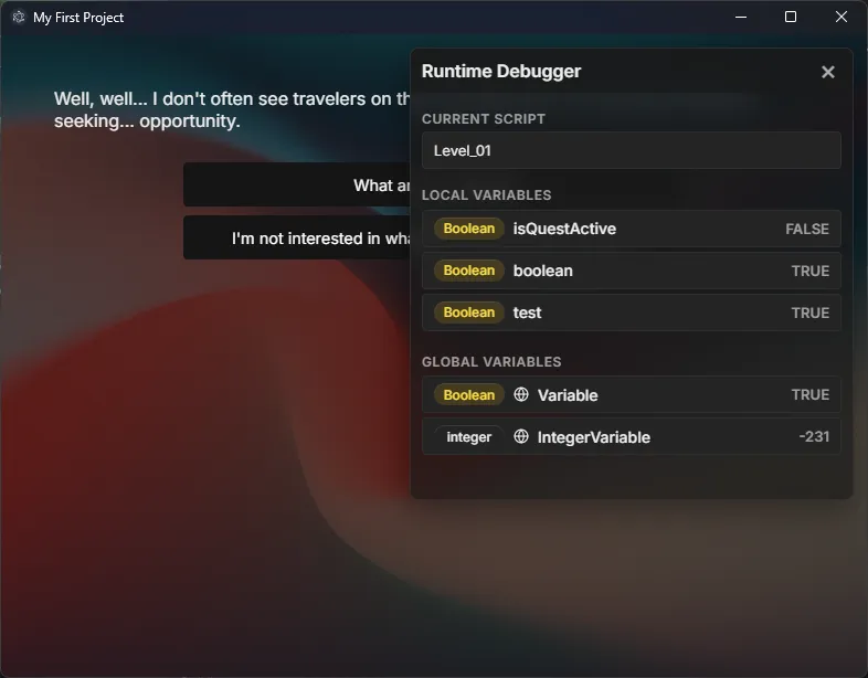 Runtime Debugger panel showing current script, call stack, and variable values in real-time
