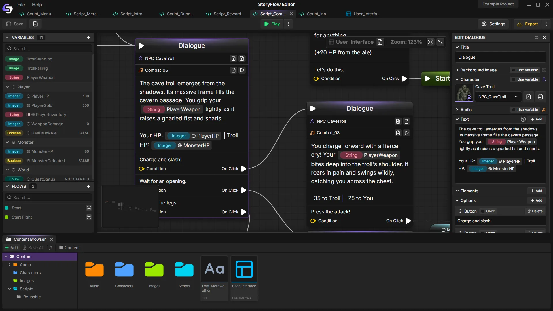 StoryFlow Editor interface showing node-based visual scripting for branching dialogue and interactive story creation