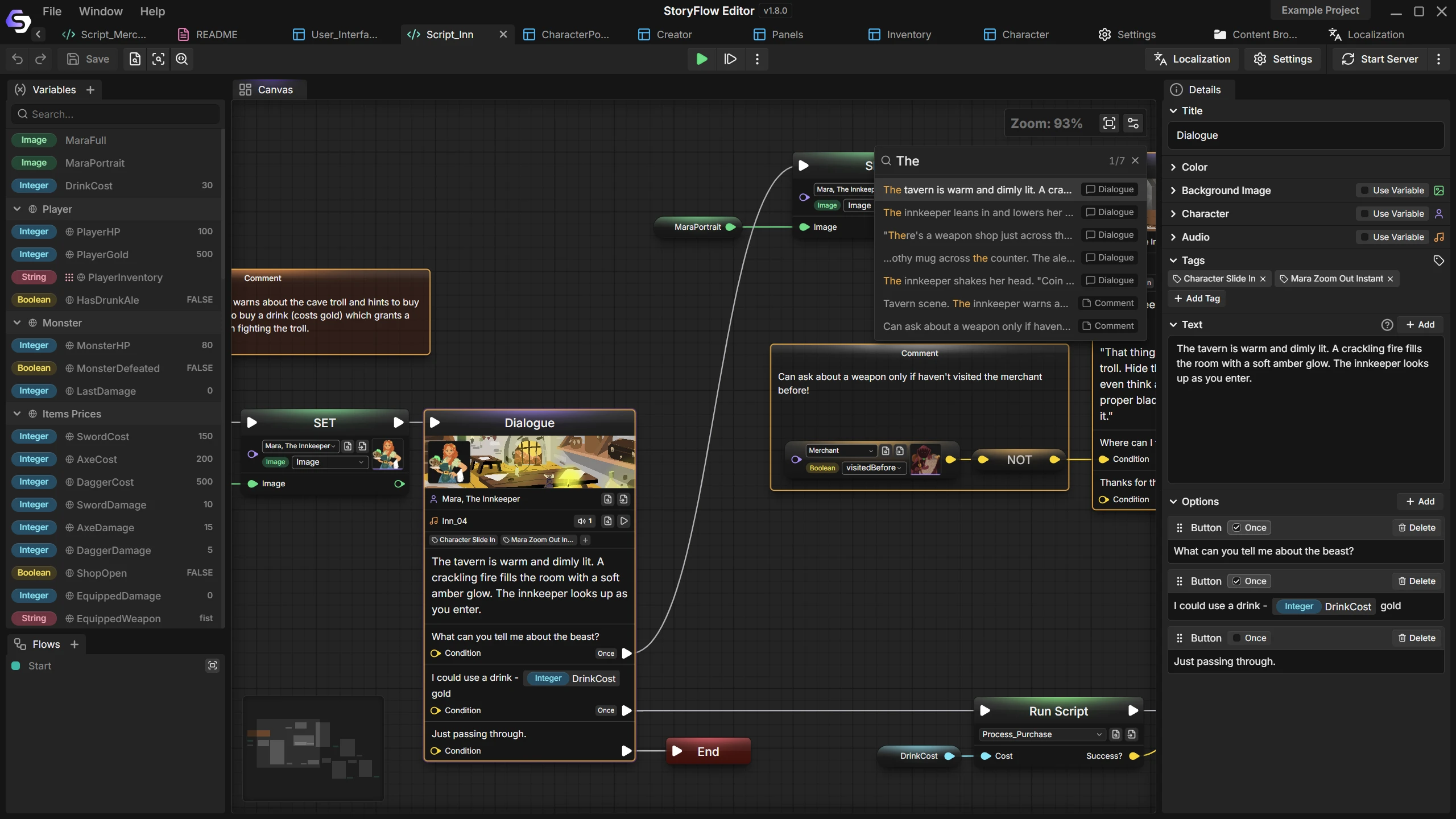 Searching inside a script, with every match listed and highlighted on the canvas