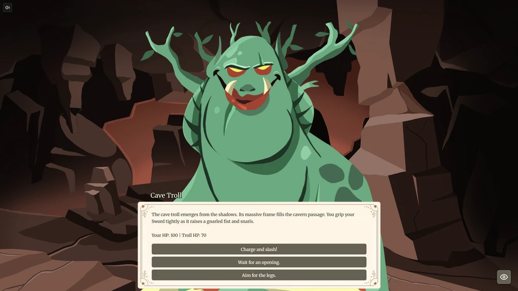 The cave troll battle from The Beast of Millhaven running in Godot, with combat values driven by the StoryFlow node graph