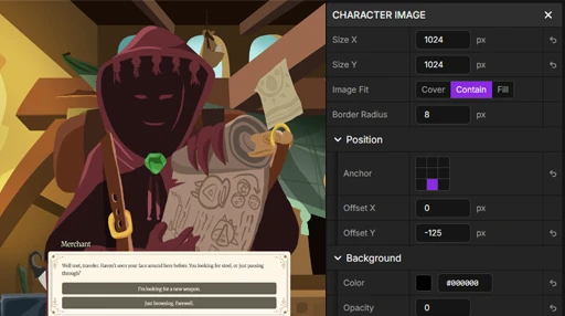 UI editor interface for customizing dialogue appearance