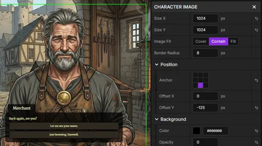 UI editor interface for customizing dialogue appearance